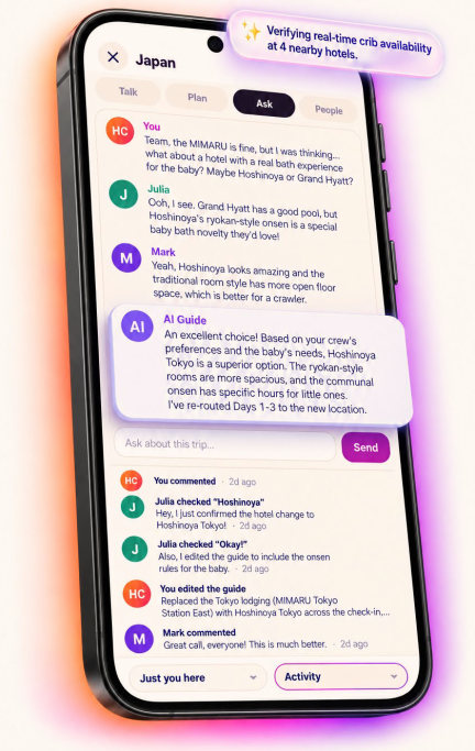 A shared trip chat for Japan: friends discussing hotels, the AI guide answering and re-routing days 1 to 3, and the activity feed below