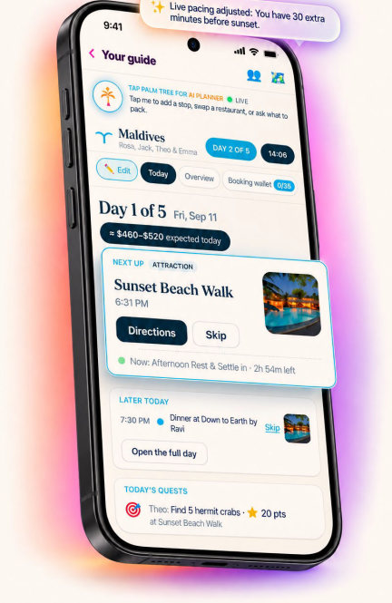 The Today view: Sunset Beach Walk next up at 6:31 PM with Directions and Skip, dinner later, and today's quests
