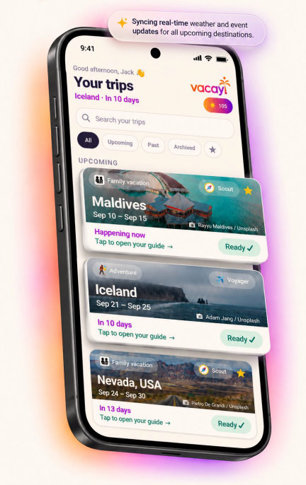 The vacayi trips screen, listing upcoming trips to the Maldives, Iceland and Nevada with their guides ready