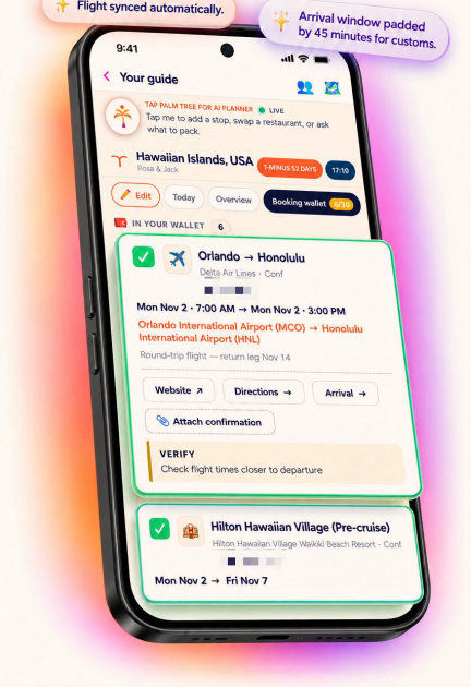 The booking wallet: a confirmed Orlando to Honolulu flight with its confirmation code, and a Hilton stay below